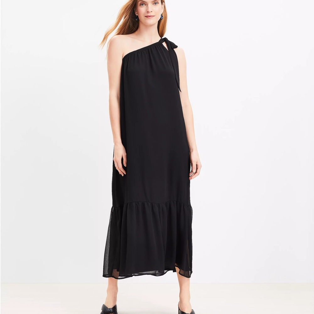 Loft Black One-Shoulder Crinkle Maxi Dress